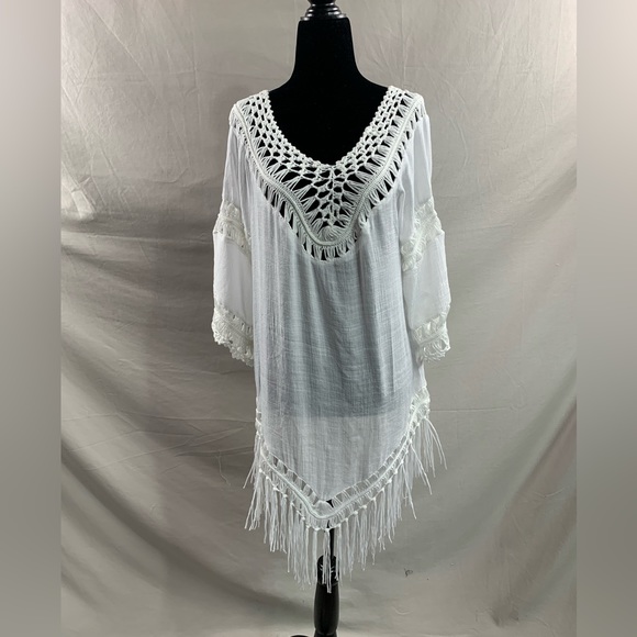 Boho Crochet Fringe Hem Cover Up Dress White - Picture 8 of 8